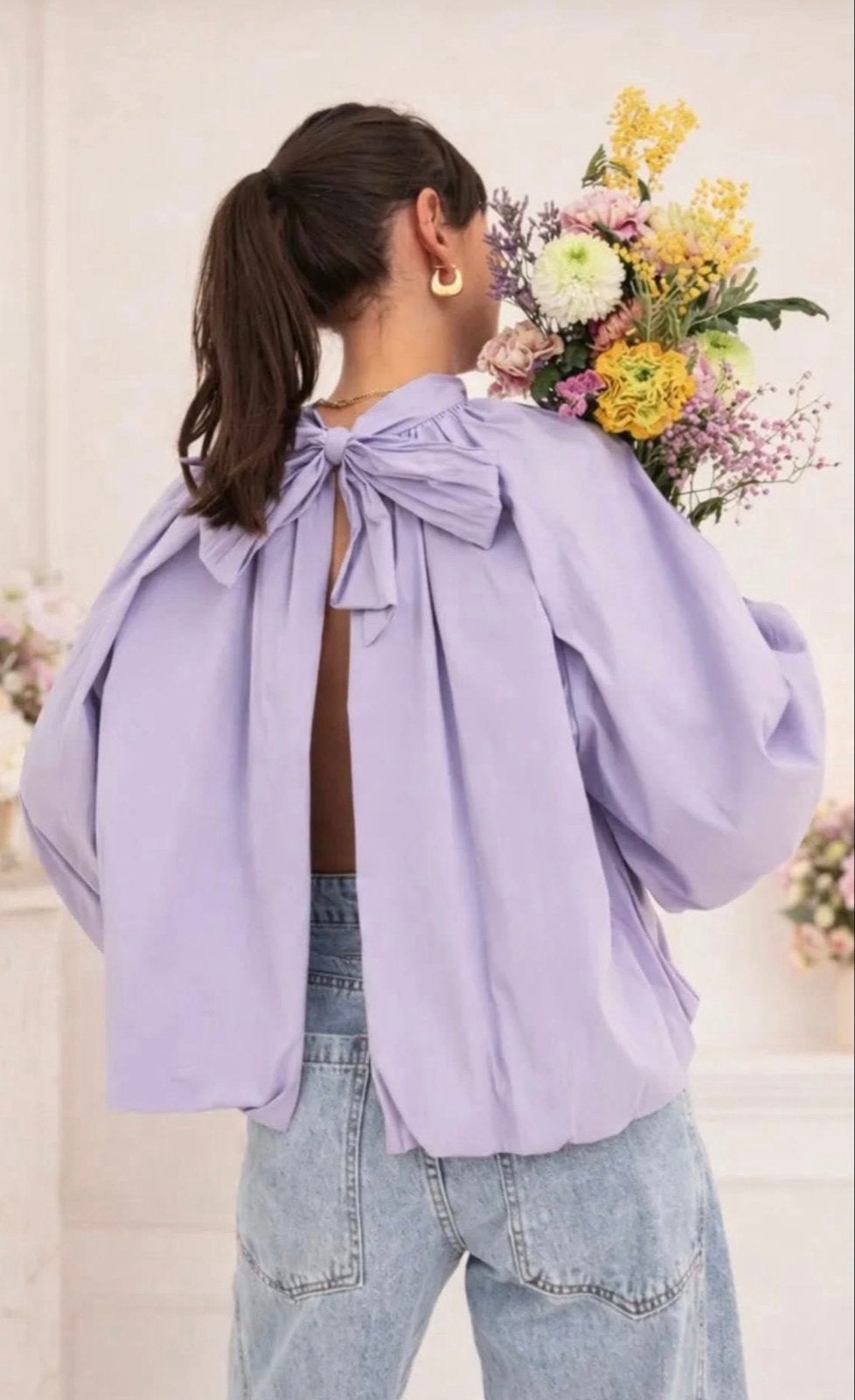 Lila blouse met strikdetail en pofmouwen, Verzenden, Nieuw, Maat 38/40 (M), Paars
