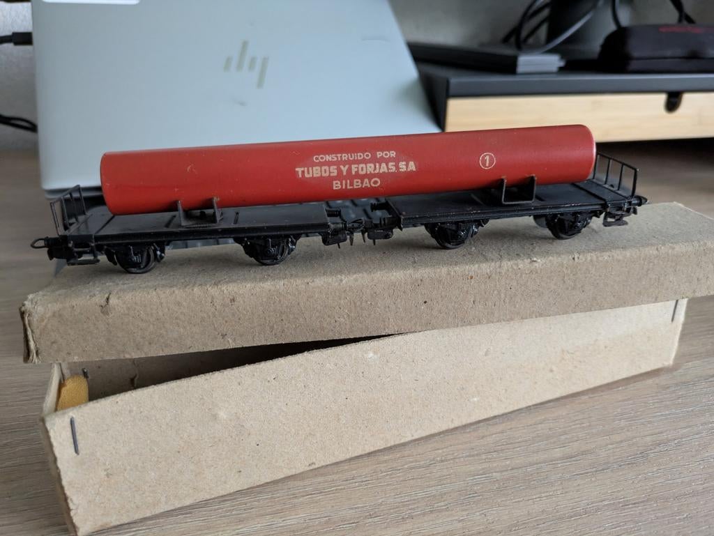 Vintage Electrotren dubbele wagen buis-transport met doosje, Hobby en Vrije tijd, Modeltreinen | H0, Ophalen of Verzenden, Wisselstroom