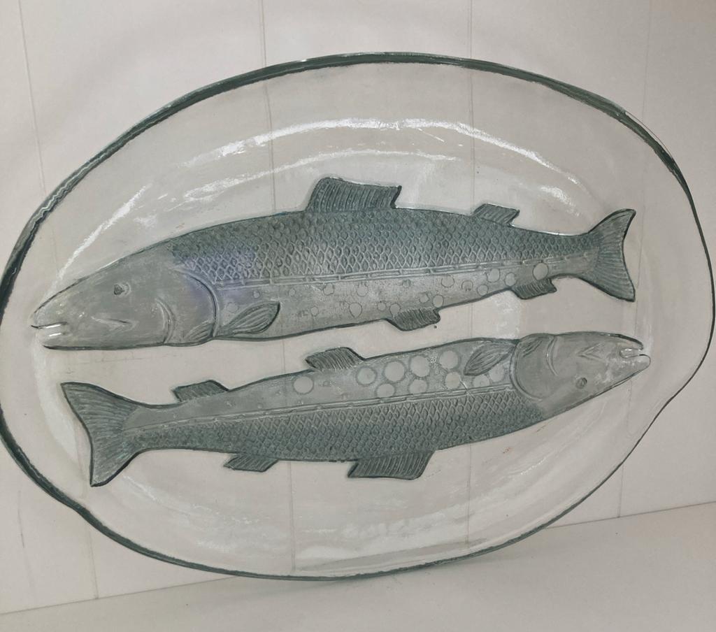 Vintage Göran Wärff Sweden glazen schaal vissen reliëf, Antiek en Kunst, Ophalen of Verzenden