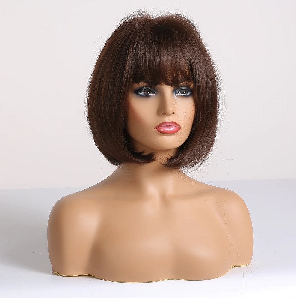 Bruine Korte Pruik Met Pony Bruin Haar Haren Dames Vrouwen, Verzenden, Nieuw, Pruik of Haarverlenging