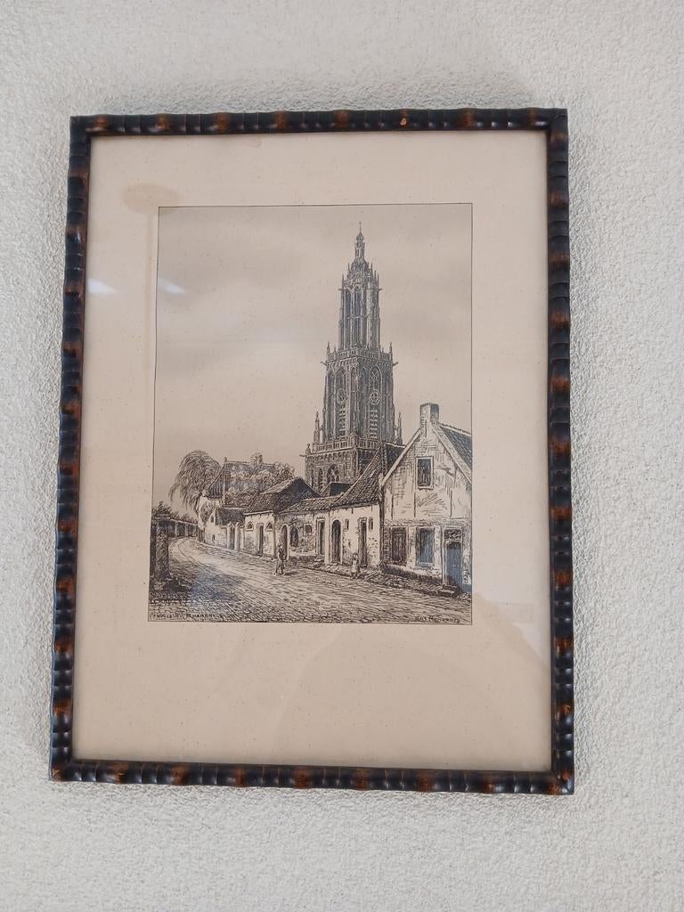 Ets Eugene Rensburg - Het Walletje, Rhenen met Cunera toren, Antiek en Kunst, Kunst | Etsen en Gravures, Ophalen of Verzenden