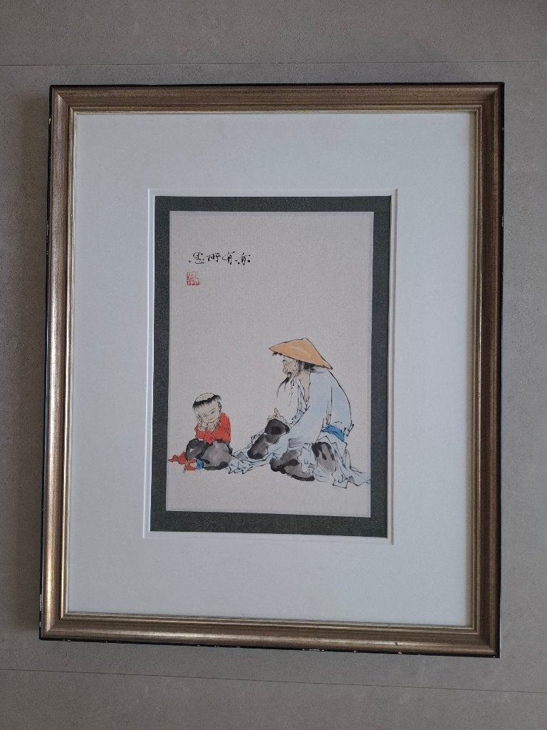 Oude man met kind stempel Zhang Fen naar stijl van Fan Zeng, Antiek en Kunst, Kunst | Schilderijen | Klassiek, Portret of Personen