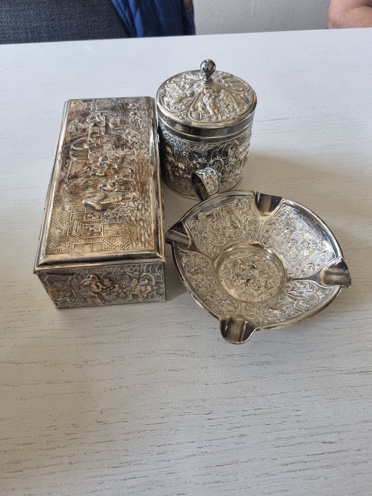 Antieke verzilverde Doos, Pot en Asbak - Gedetailleerd Handw, Ophalen, Zilver