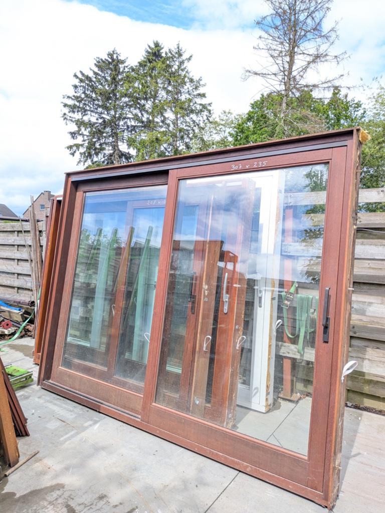 Prachtige SCHUIFPUIEN 5 Stuks Hardhout !!!, Ophalen, Gebruikt, 225 cm of meer, Inclusief glas