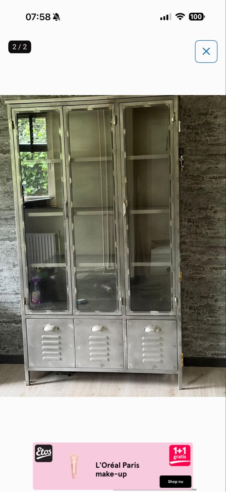 Stalen glazen kast - Industriële vitrinekast, Ophalen, Gebruikt, 100 tot 150 cm, Glas
