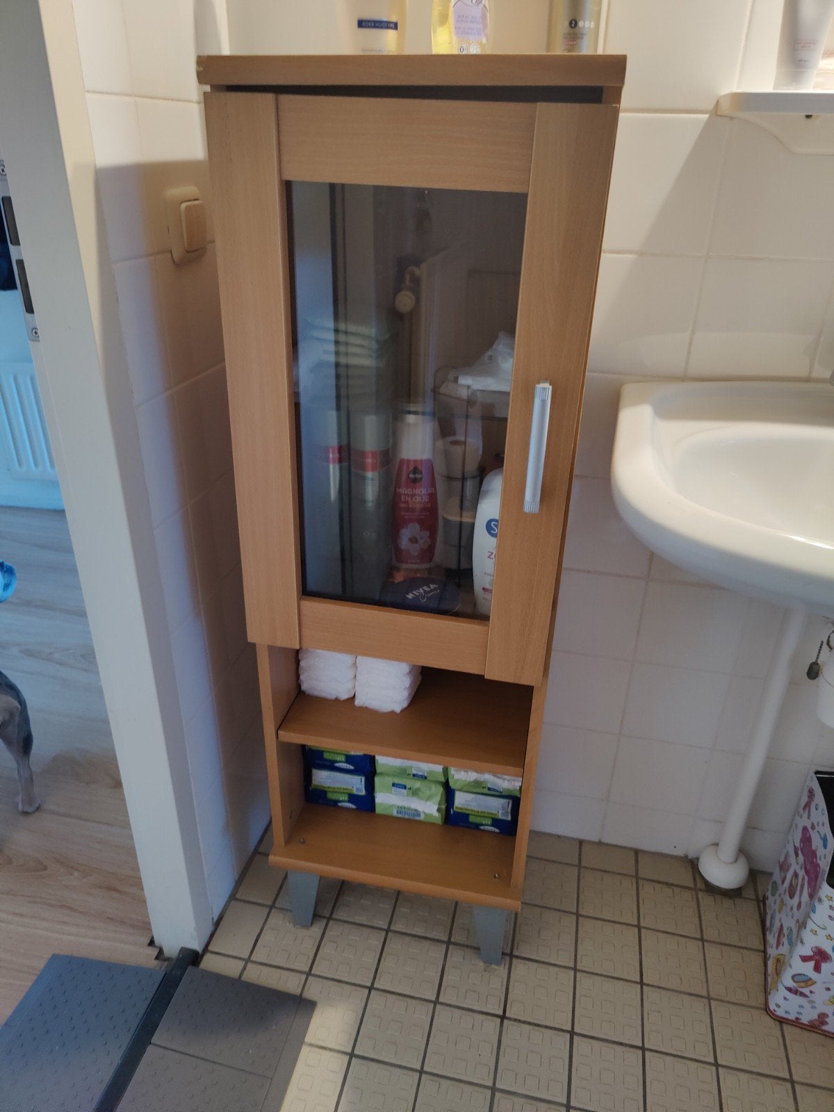 Badkamerkastje met glazen deur en open schappen, Ophalen, (Half)hoge kast, Minder dan 50 cm, Gebruikt
