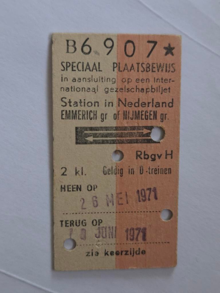 Speciaal Plaatsbewijs Treinkaartje 1971 Emmerich/Nijmegen, Verzamelen, Ophalen of Verzenden