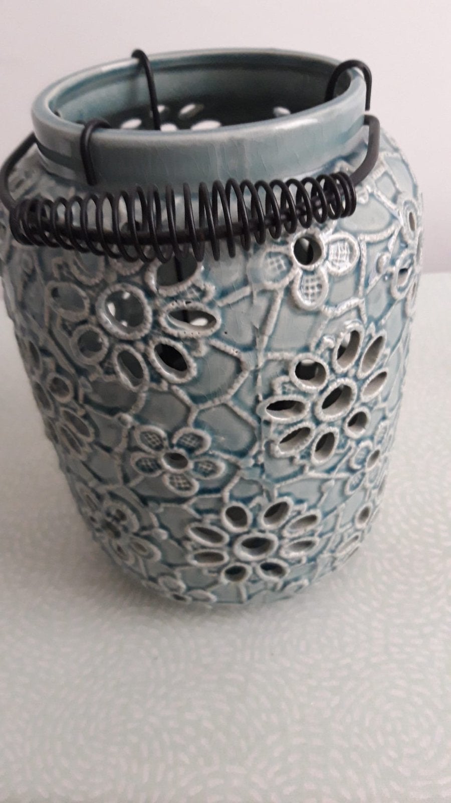 Blauw-groen Windlicht 23 cm hoog, Ophalen, Gebruikt, Blauw, Steen/keramiek