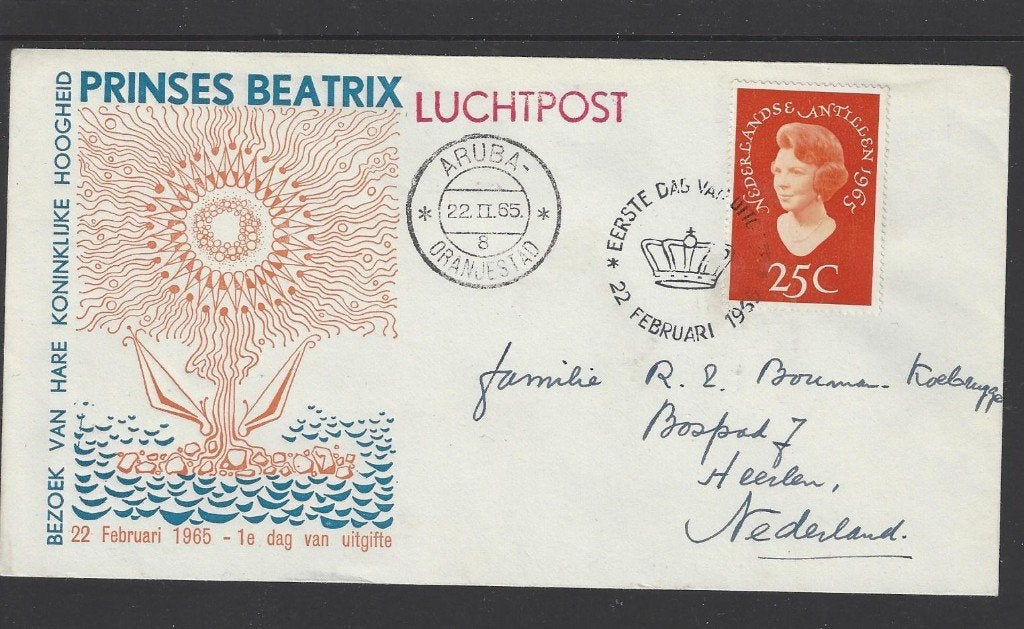Prinses Beatrix, envelop bezoek Ned. Antillen 22-2-1965, Verzenden, Zo goed als nieuw, Nederland, Postzegel(s) of Munt(en)