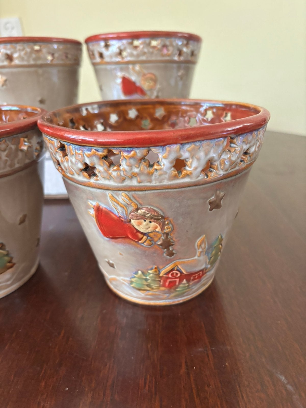 4 Vintage Kerst Bloempotten - Keramiek met Engeltjes & Ster, Ophalen of Verzenden