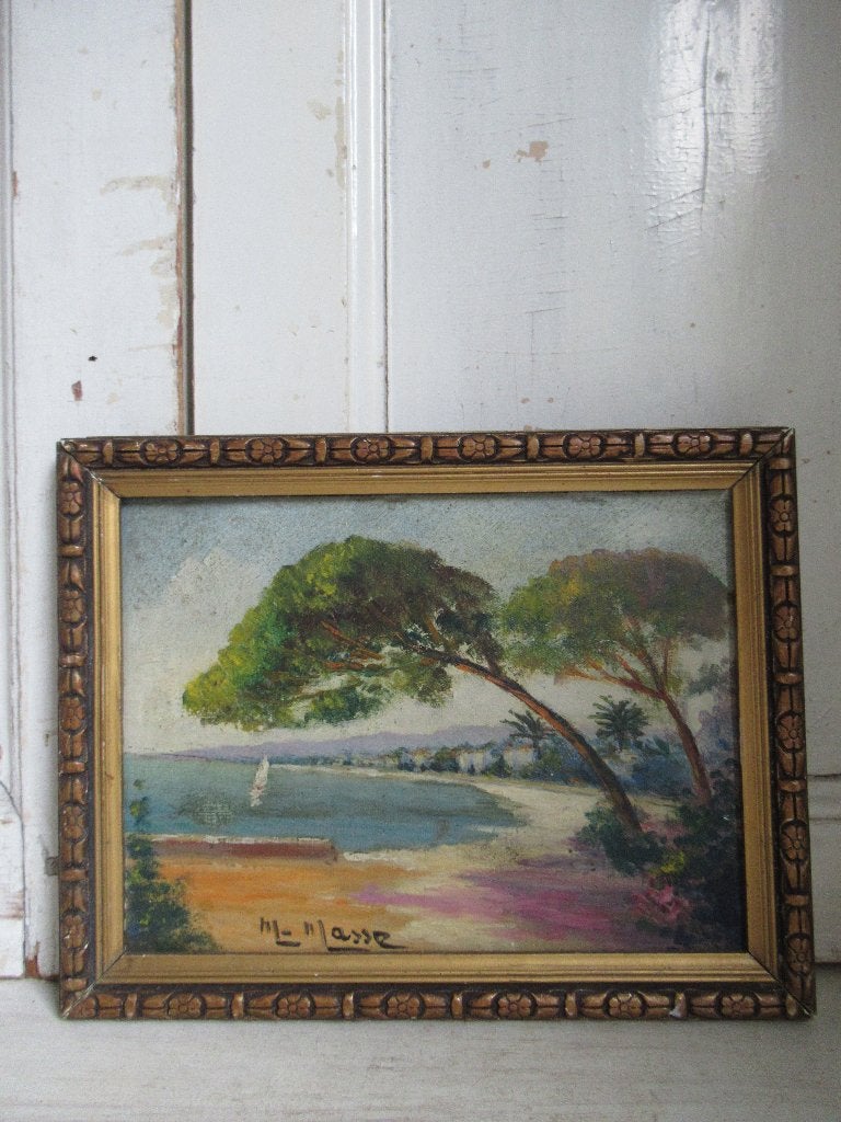 ~ oud Frans schilderijtje, bricbracbrocante ~, Paneel, Ophalen of Verzenden, Gesigneerd, Landschap