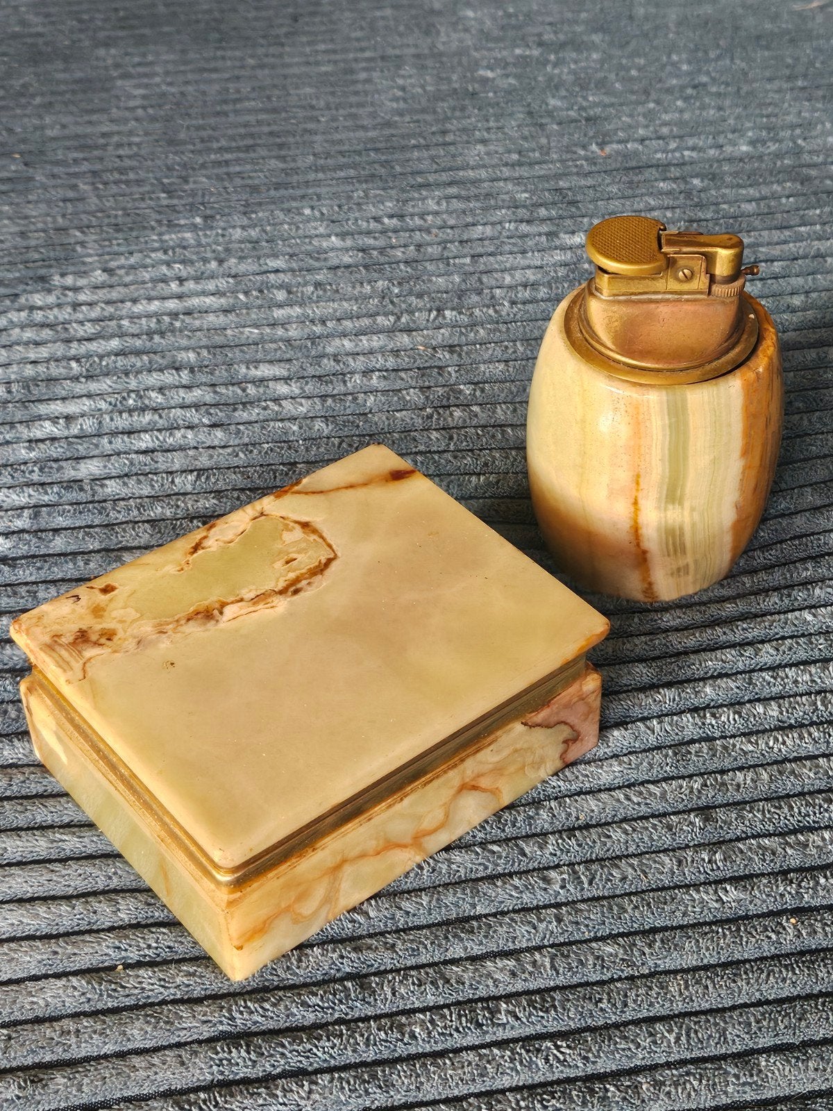 Vintage Onyx Sigarettendoos & Tafelaansteker Set Mid-Century, Ophalen of Verzenden