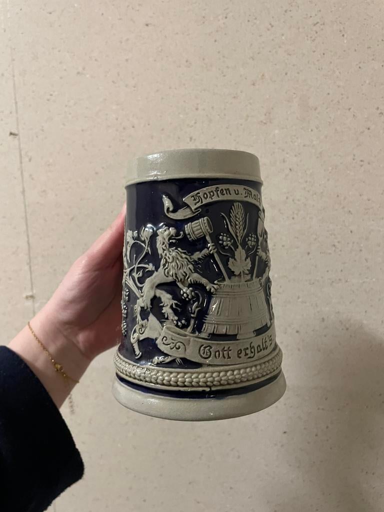Antieke bier pul grijs met blauw leeuw, Verzamelen, Ophalen of Verzenden, Zo goed als nieuw, Pul(len), Overige merken