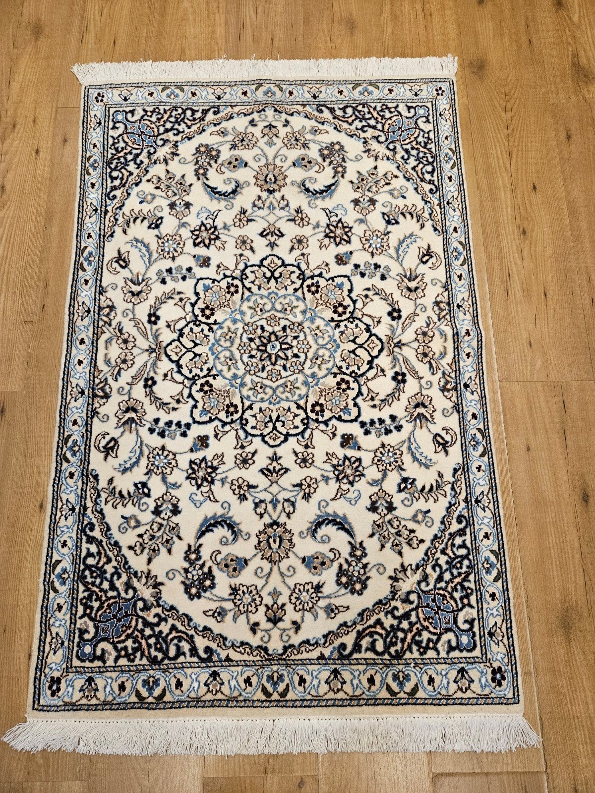 Vintage handgeknoopt perzisch tapijt nain 9la 146x89, Info@SlatsAntiek.nl, Tweedehands, Blauw, 100 tot 150 cm