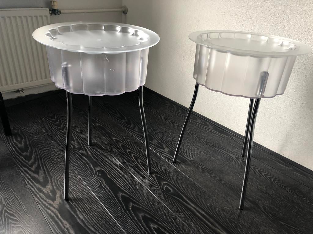 Vintage IKEA bijzettafeltjes/ nachtkastjes 2x, Rond, Zo goed als nieuw, Ophalen, 45 tot 60 cm