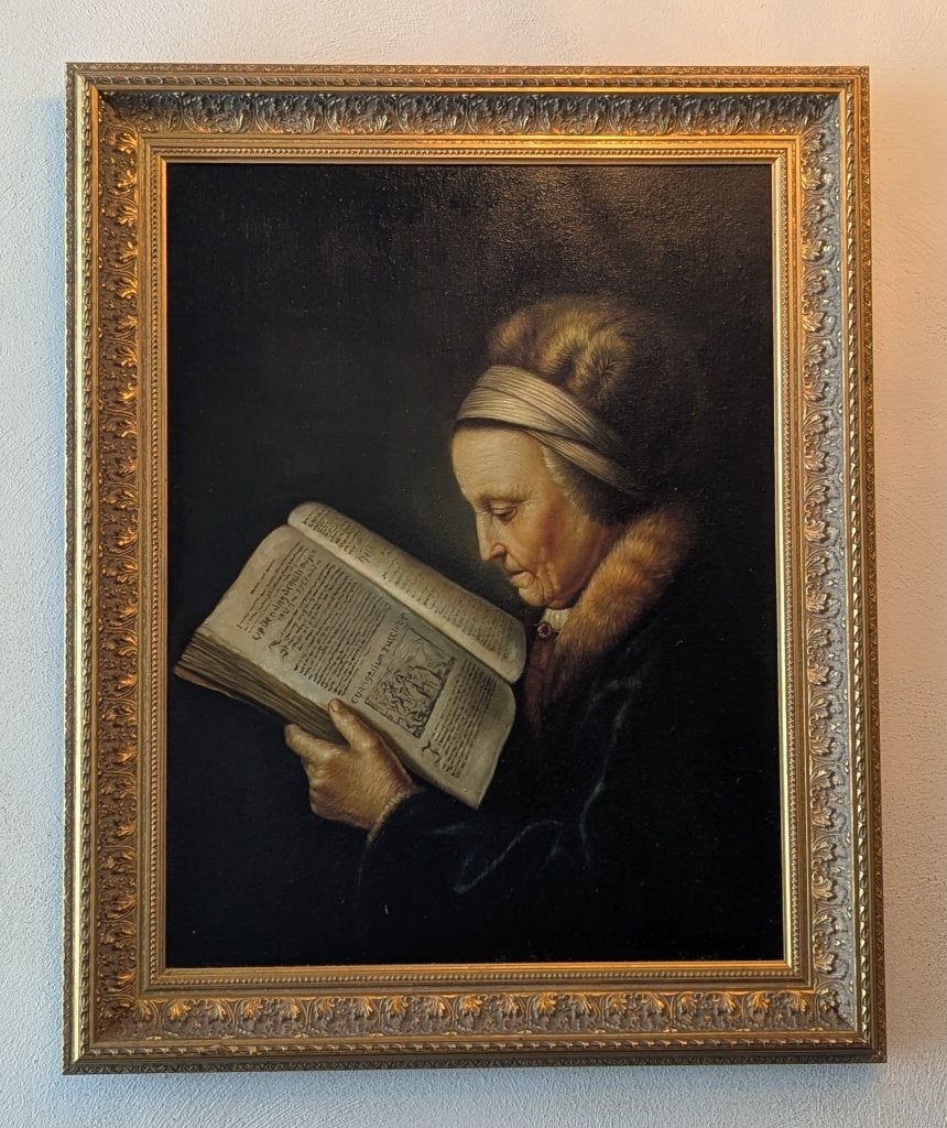 Schilderij Oude vrouw lezend in een lectionarium, Antiek en Kunst, Kunst | Schilderijen | Klassiek, Ophalen, Doek, Portret of Personen