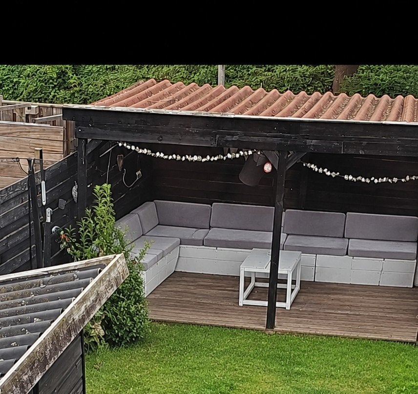 Steigerhouten hoekbank met kussens en opbergruimte, Tuin en Terras, Ophalen, Gebruikt, Meer dan 8 zitplaatsen, Steigerhout