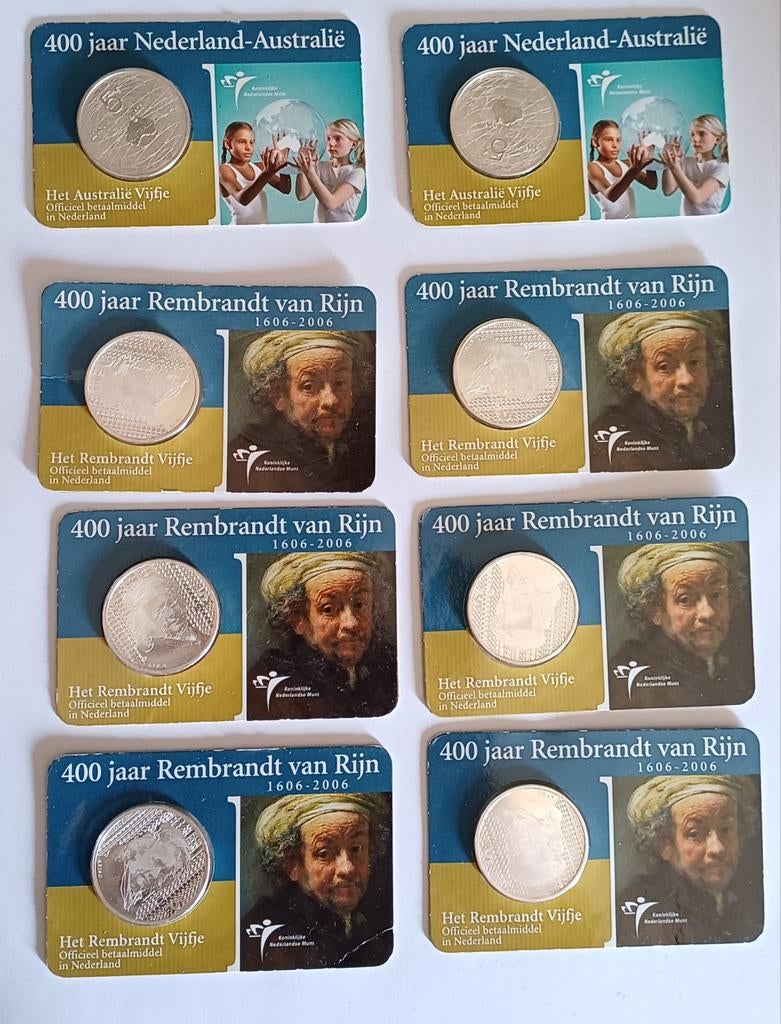 Zilveren 5 Euro Munten: Rembrandt & Australië coincard, Postzegels en Munten, Setje, Koningin Beatrix, Zilver, Euro's