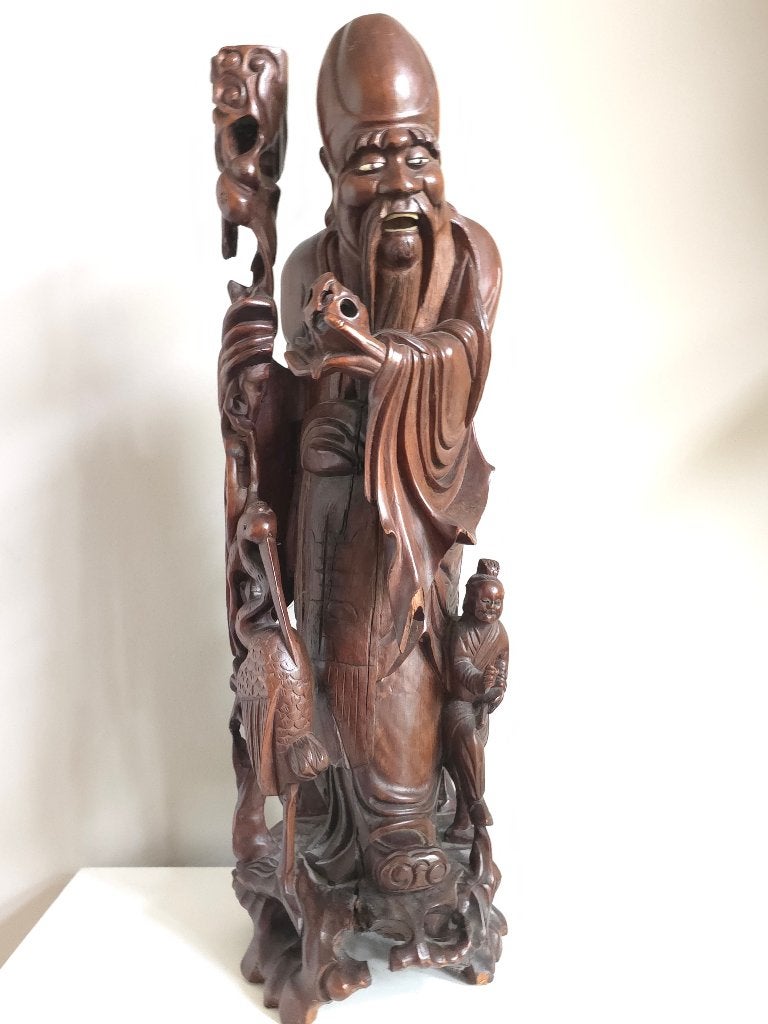 Groot Antiek Chinees Houten Beeld Shou Xing XL | 56,5 cm, Antiek en Kunst, Houtsnijwerk, Hout, Bruin, Klassiek
