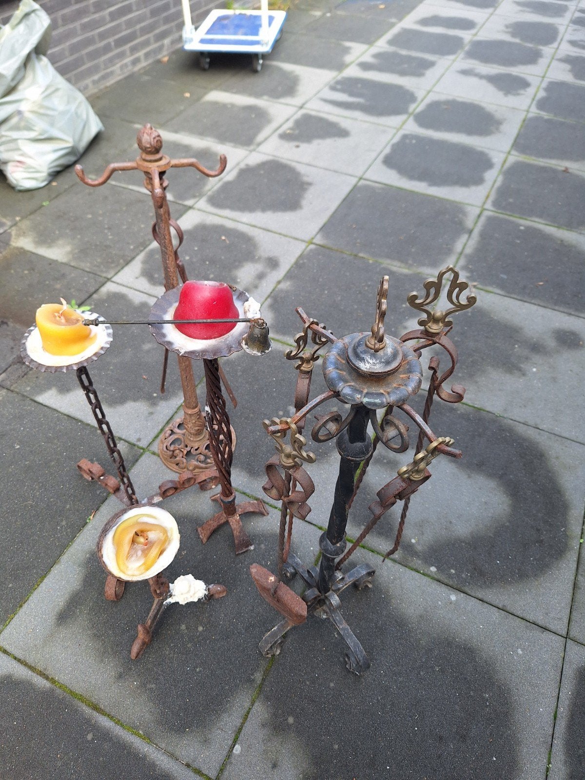 Antieke smeedijzeren kandelaars set en haardstel, Ophalen, Overige materialen