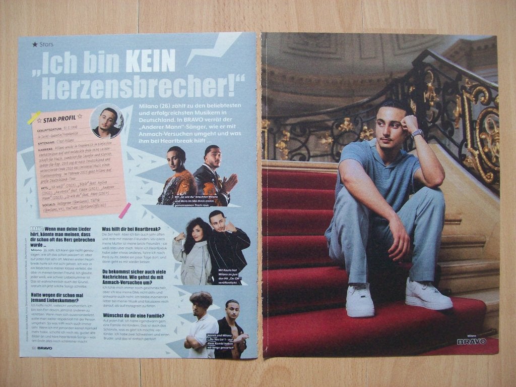 Poster + artikel van Milano uit Duits tijdschrift Bravo, Ophalen of Verzenden, Nieuw, A4 of kleiner, Muziek