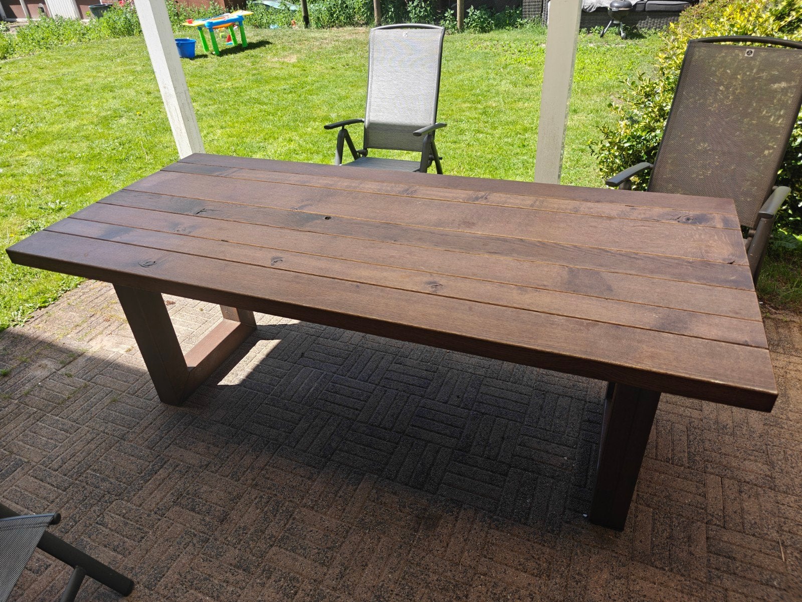 Houten eettafel met metalen onderstel, Ophalen, Gebruikt, 200 cm of meer, 50 tot 100 cm
