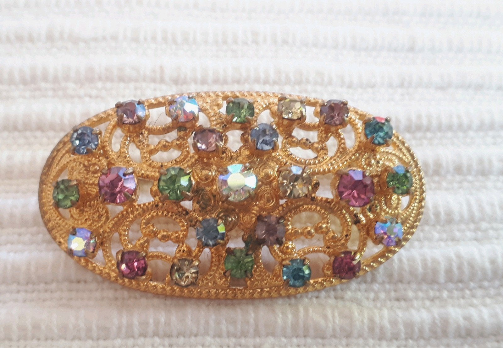 Ovale Jaren '60 Broche met Pastel Rijnstenen., Ophalen of Verzenden, Overige materialen, Broche