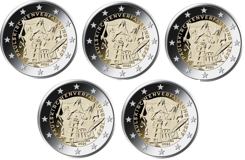 5x 2 euro Duitsland 2024 - Paulskirche Grondwet - ADFGJ -UNC, Verzenden, Duitsland, 2 euro, Setje