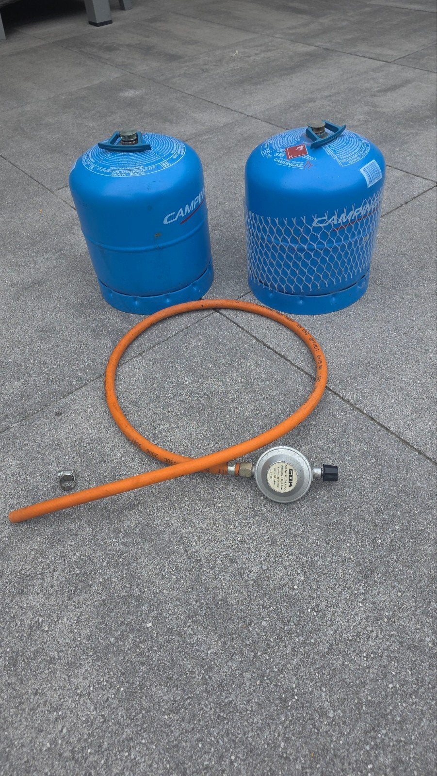 Campingaz 907 gasflessen met drukregelaar en slang, Ophalen, Gebruikt