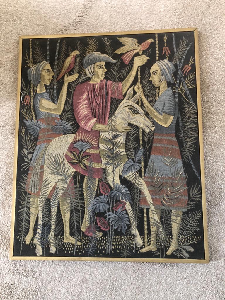 Vintage Frans wandkleed: Valkenjacht 80x66cm met lijst, Ophalen of Verzenden
