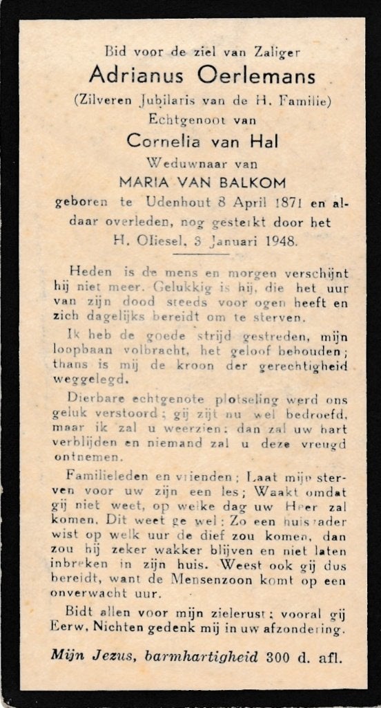 Oerlemans Adrianus 1871 Udenhout 1948, Ophalen of Verzenden, Bidprentje