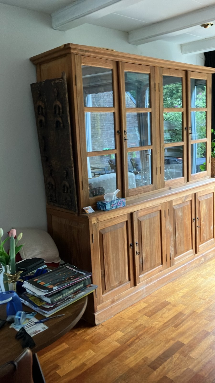Grote TEAK houten vitrinekast met glazen deuren, Ophalen, 200 cm of meer, Glas, 150 tot 200 cm