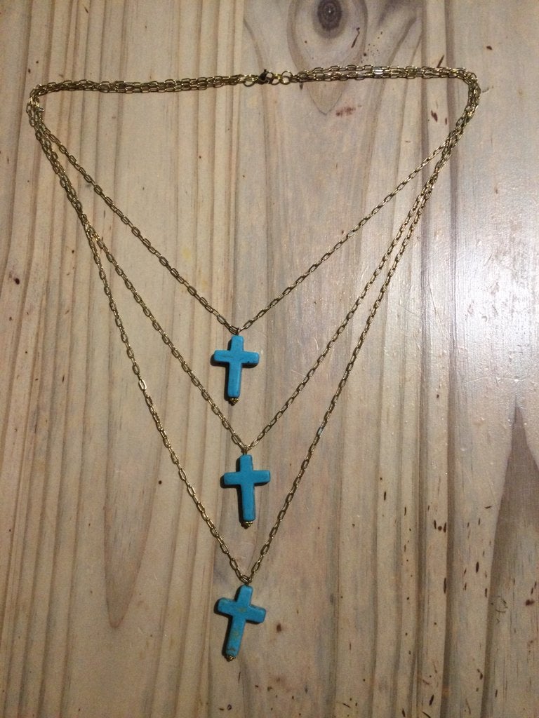Drievoudige stalen ketting met turkooizen kruisjes, Sieraden, Tassen en Uiterlijk, Kettingen, Ophalen of Verzenden, Zo goed als nieuw