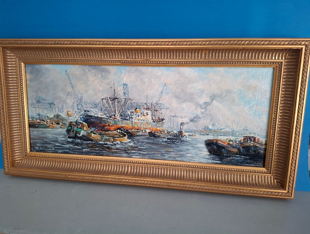 Opvallend Schilderij Rotterdamse haven- M de Jonge., Antiek en Kunst, Ophalen of Verzenden