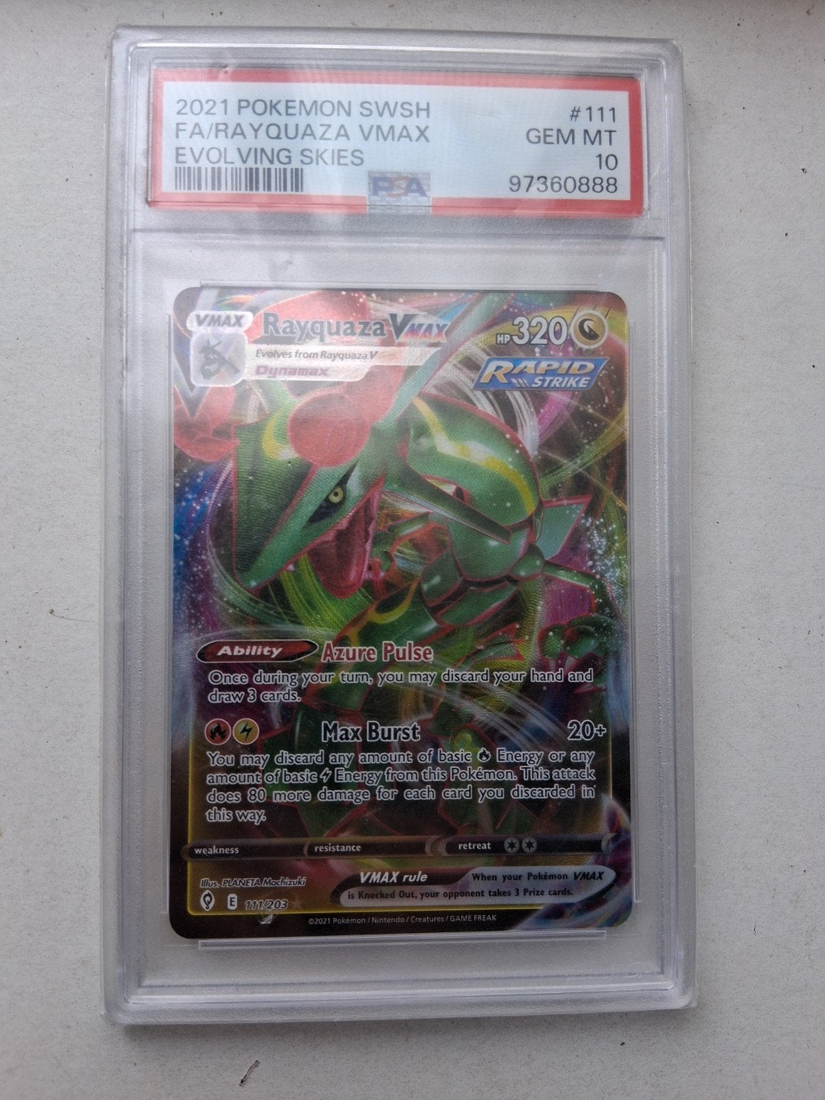 PSA 10 Rayquaza VMAX 111/203 Evolving Skies Pokémon Kaart, Ophalen of Verzenden, Nieuw, Losse kaart, Foil