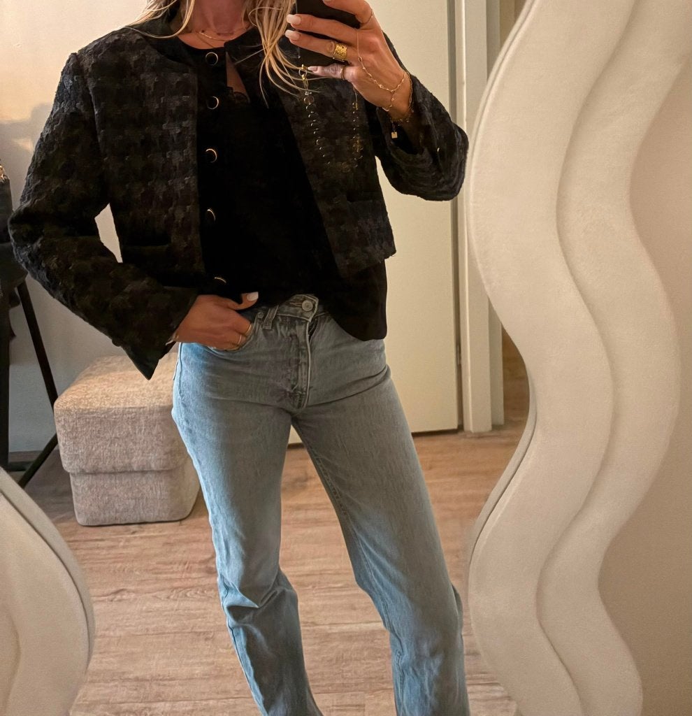 Sandro cropped boxy tweed jacket jasje katoenmix Fr 38 NL 36, Kleding | Dames, Verzenden, Zwart, Sandro, Zo goed als nieuw