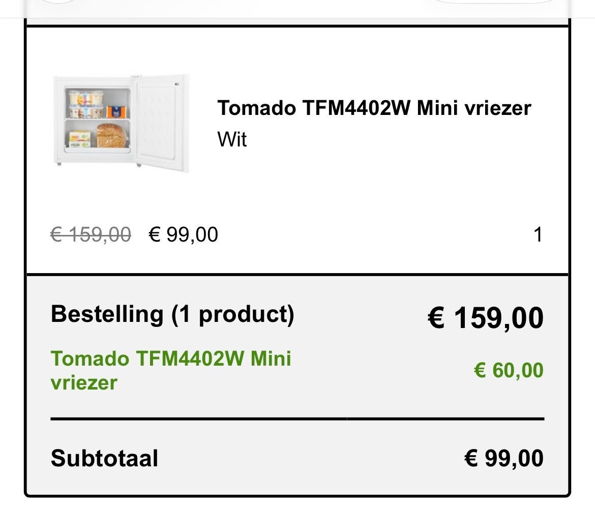 Tomado TFM4402W Mini vriezer Wit, Witgoed en Apparatuur, Gebruikt, Minder dan 85 cm, Minder dan 60 cm, Vrijstaand