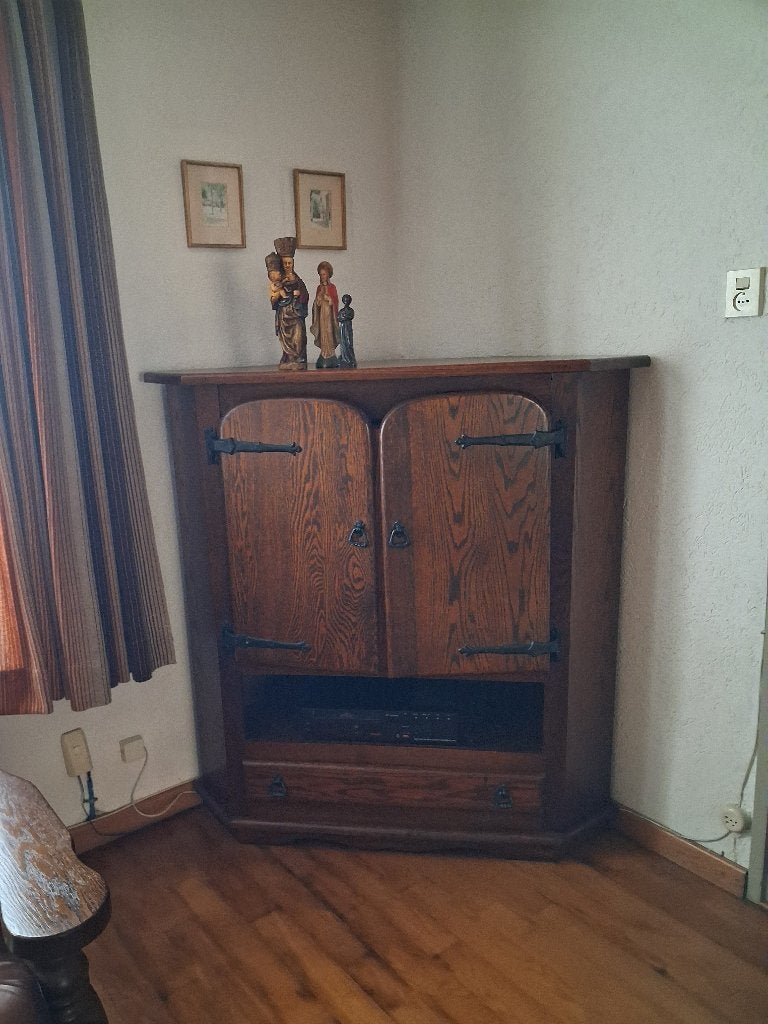 eikenhouten TV hoekkast, Ophalen, Gebruikt, 100 tot 150 cm, 100 tot 150 cm