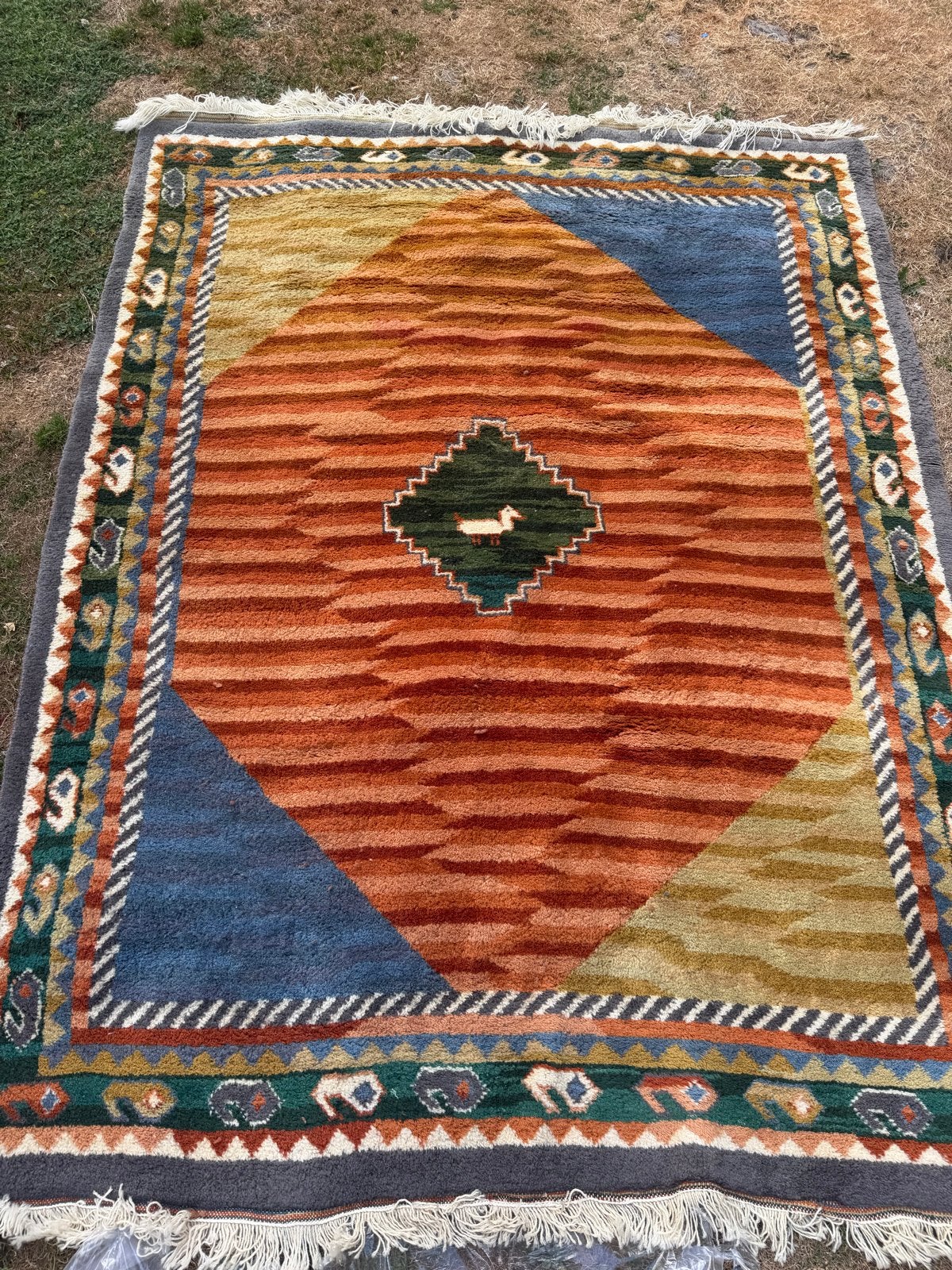 Vintage Handgeknoopt Gabbeh Tapijt - Dierenmotief (4.5 m²), Gebruikt, Oranje, Ophalen of Verzenden, 200 cm of meer