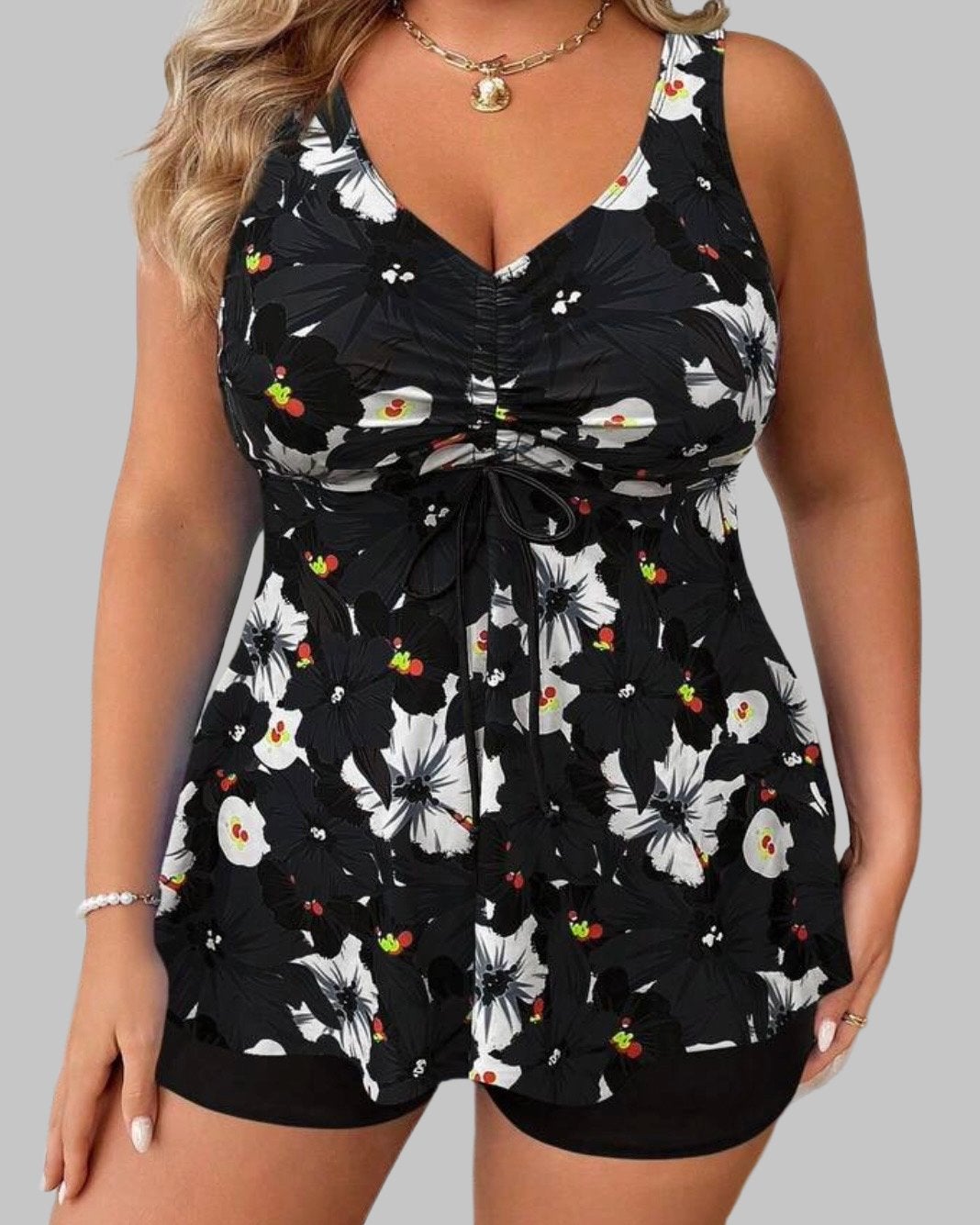 Bloemenprint Tankini Set - Zwart/Wit (44-52), Kleding | Dames, Grote Maten, Verzenden, Nieuw, Zwart, Lingerie of Zwemkleding