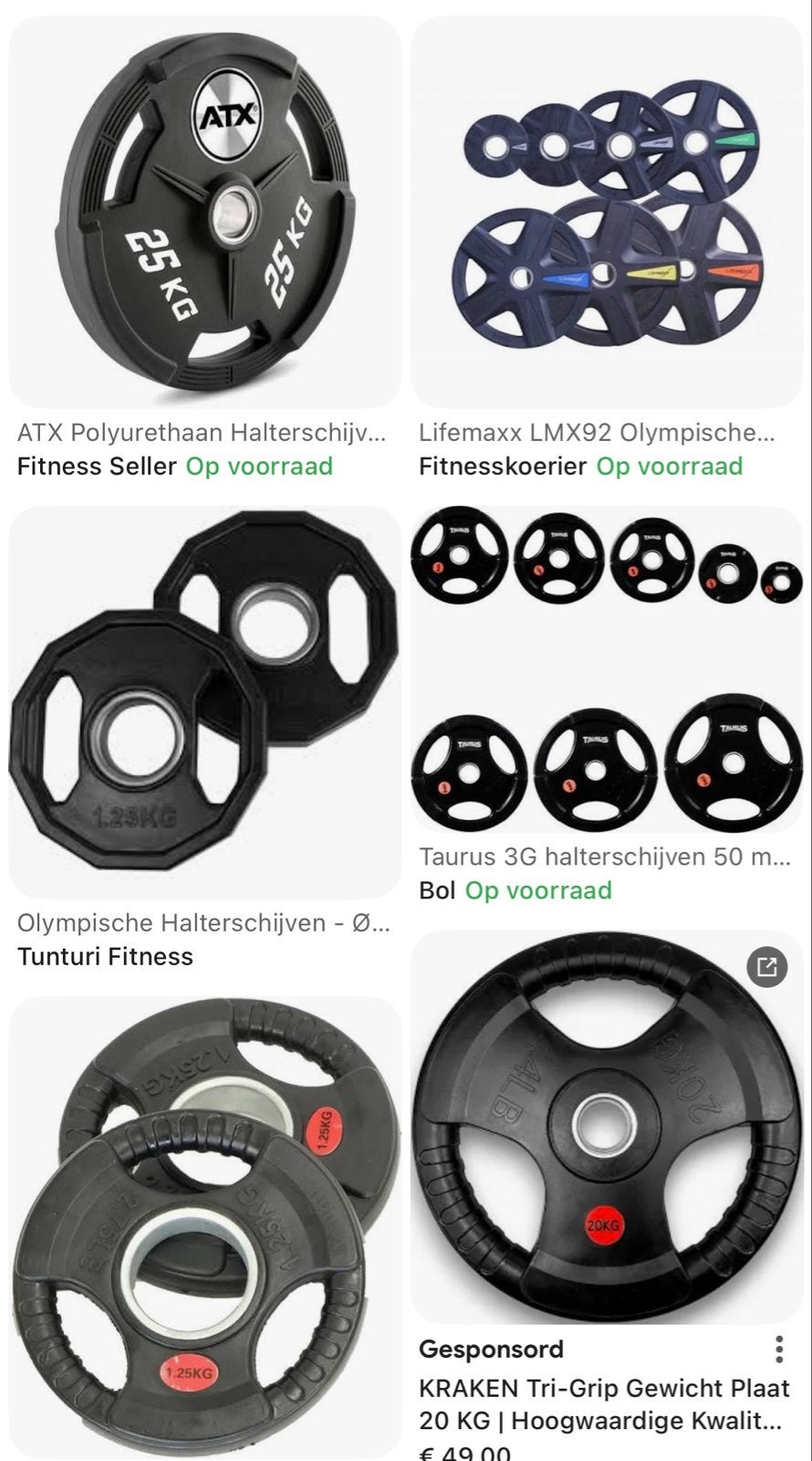 Gezocht: Halterschijven 50 mm (2,5 kg en 5 kg), Sport en Fitness, Ophalen, Gebruikt, Halterschijven