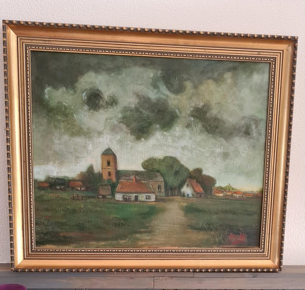 Schilderij Polder Landschap., Antiek en Kunst, Kunst | Schilderijen | Klassiek, Ophalen of Verzenden