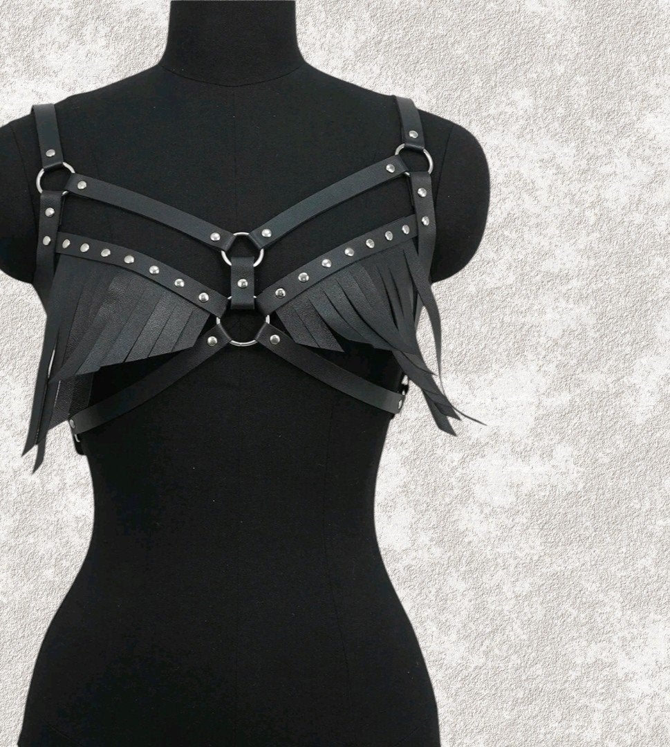 Leren harnas met franjes en studsbdsm bondage rock techno lg, Onbekend, Ophalen of Verzenden, Zwart, Overige typen
