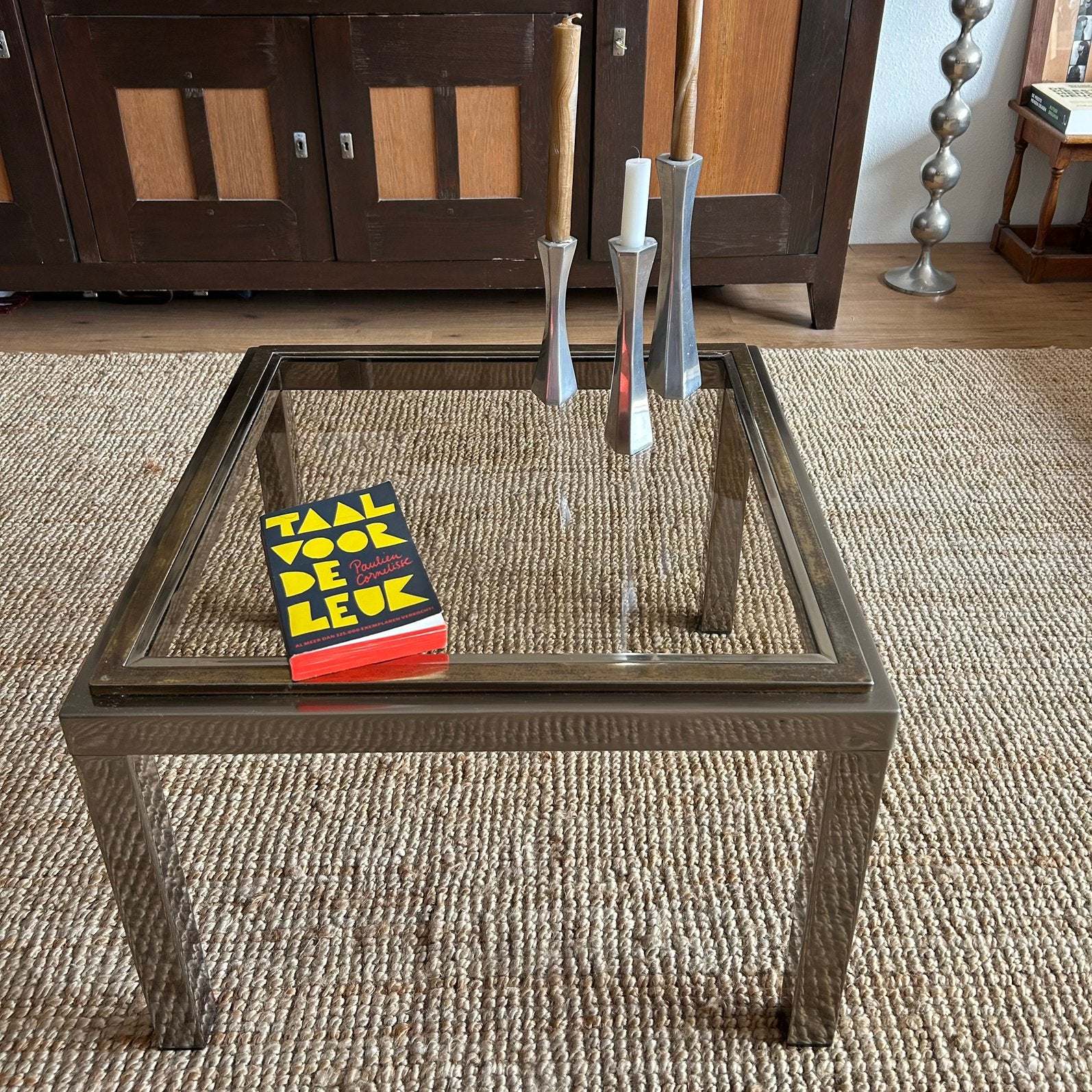 Vintage salontafel zilver/goud met rookglas, Ophalen, Gebruikt, 50 tot 100 cm, Vierkant