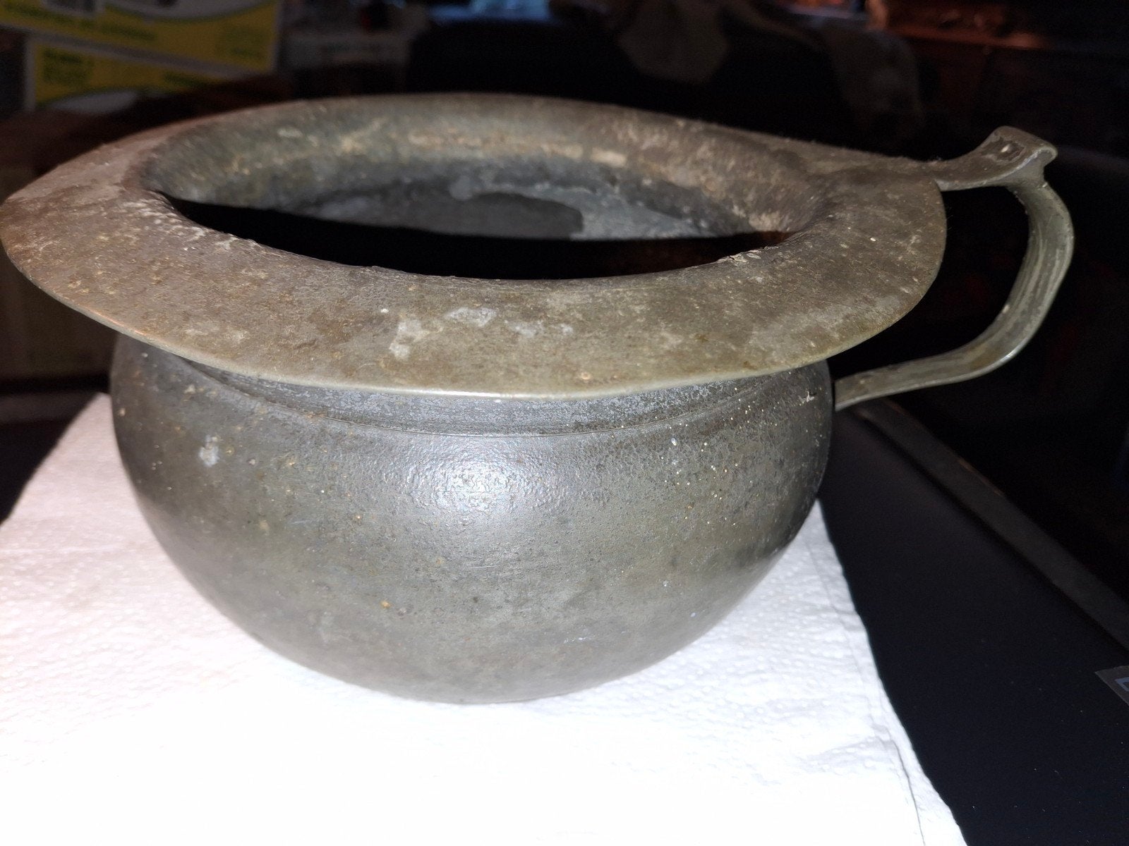Antieke tinnen bedpan met handvat, gemerkt, Ophalen of Verzenden