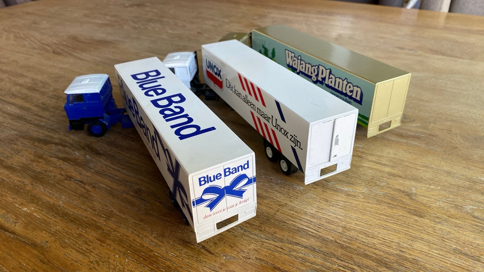 Set van 3 vintage vrachtwagens: Blue Band, Unox, Wajang Plan, Overige merken, Gebruikt, 1:50 of kleiner, Ophalen of Verzenden