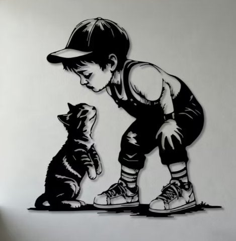 Muurdecoratie Jongen met Kat metaal zwart, Metaal, 25 cm, 24 cm, Zwart