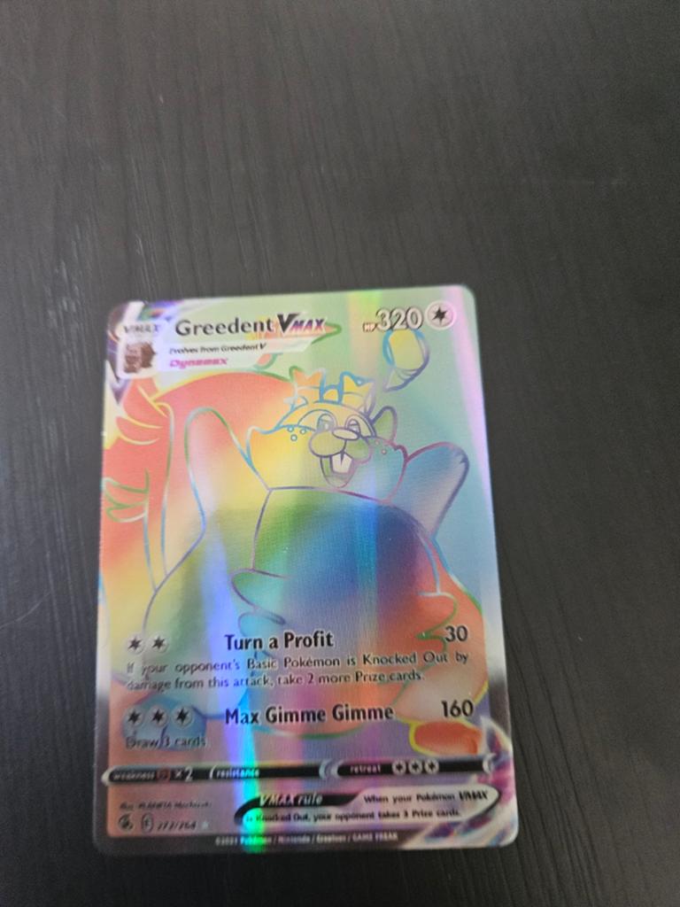 Greedent VMAX Rainbow Rare Pokémon Kaart, Ophalen of Verzenden, Zo goed als nieuw, Losse kaart, Foil