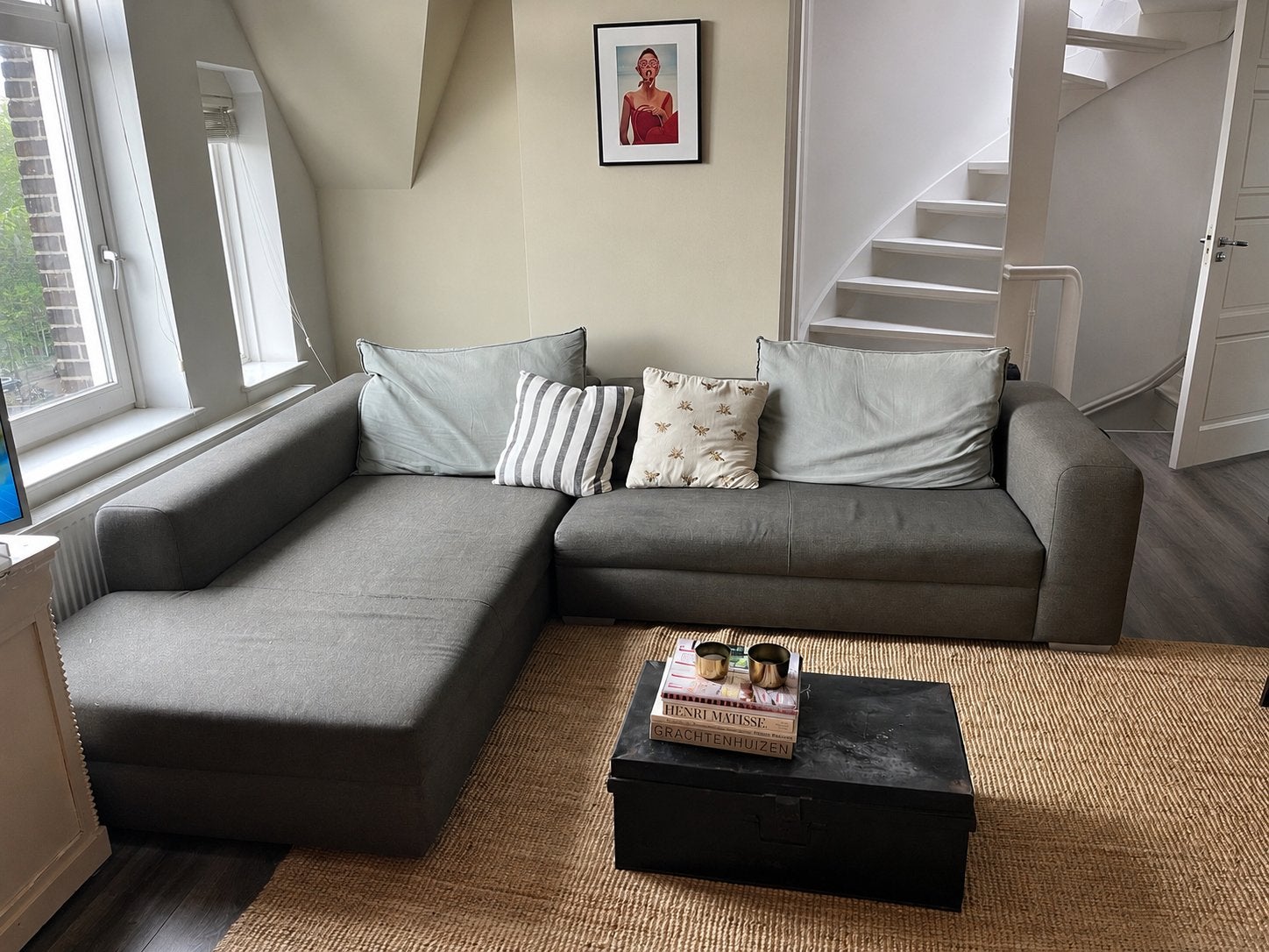 Grijze hoekbank met chaise longue, Ophalen, 250 tot 300 cm, Gebruikt, Hoekbank