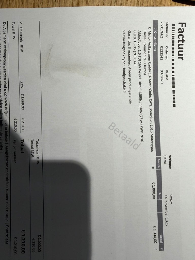 MOTOR VAN VW CADDY, Ophalen, Gebruikt, Volkswagen